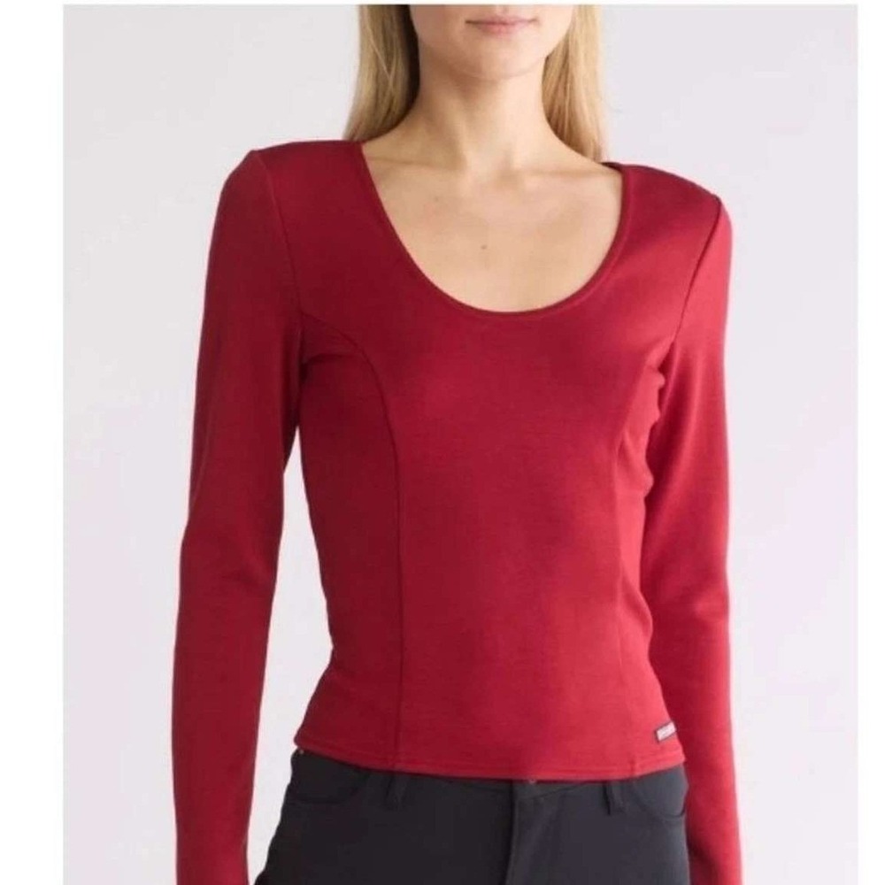 Hudson Scoop Neck Top Scuba Large Red Excellent Long Sleeve Open Back Strappy